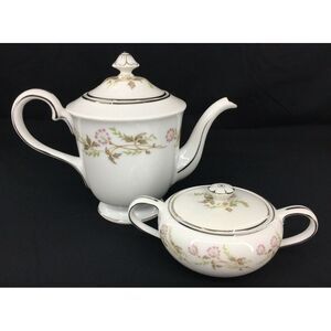 STARLIGHT Japan Teapot Porcelain Floral and Silver Trim Teapot and Sugar Bowl